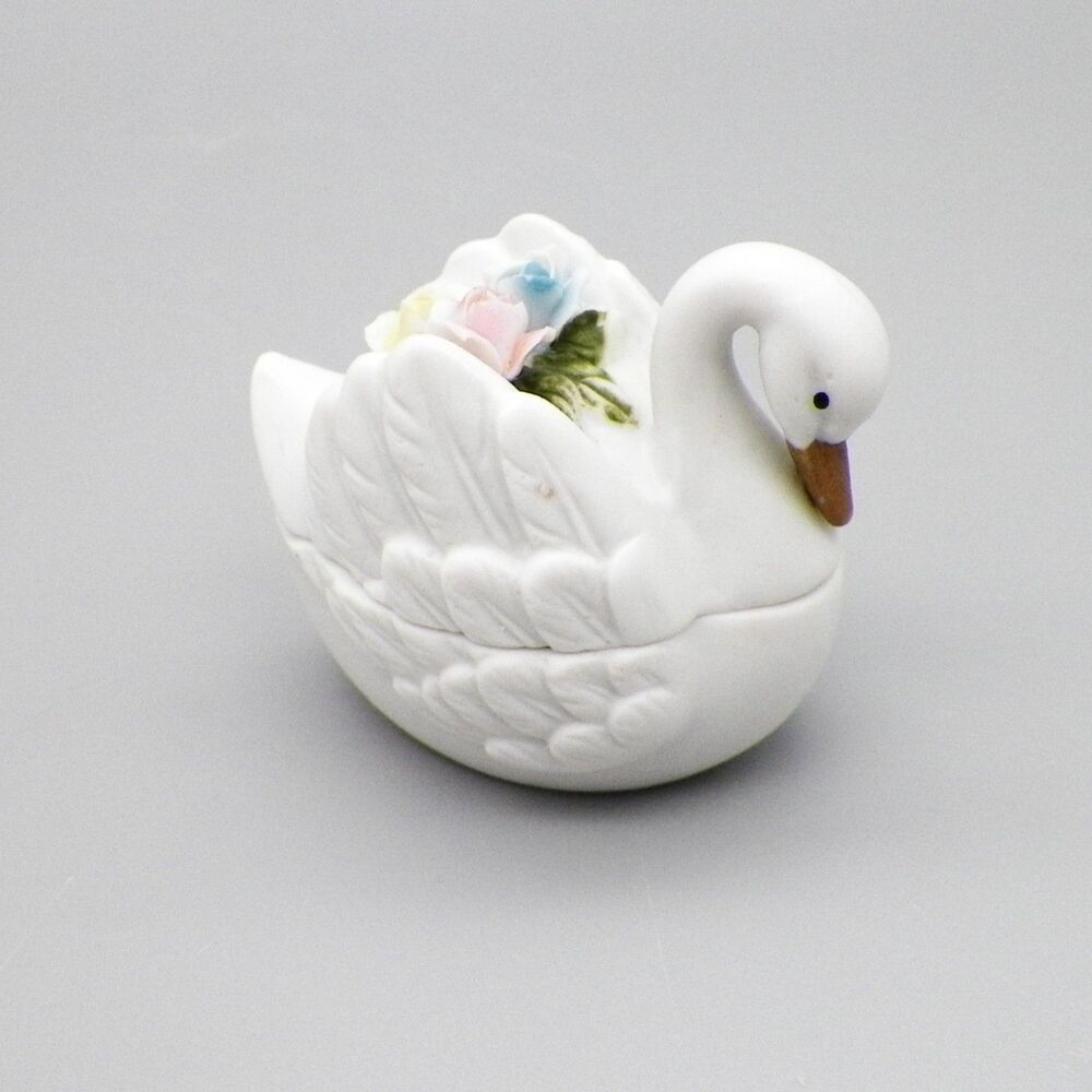 Vintage White Bisque Porcelain Swan Hand Painted Roses Trinket Box